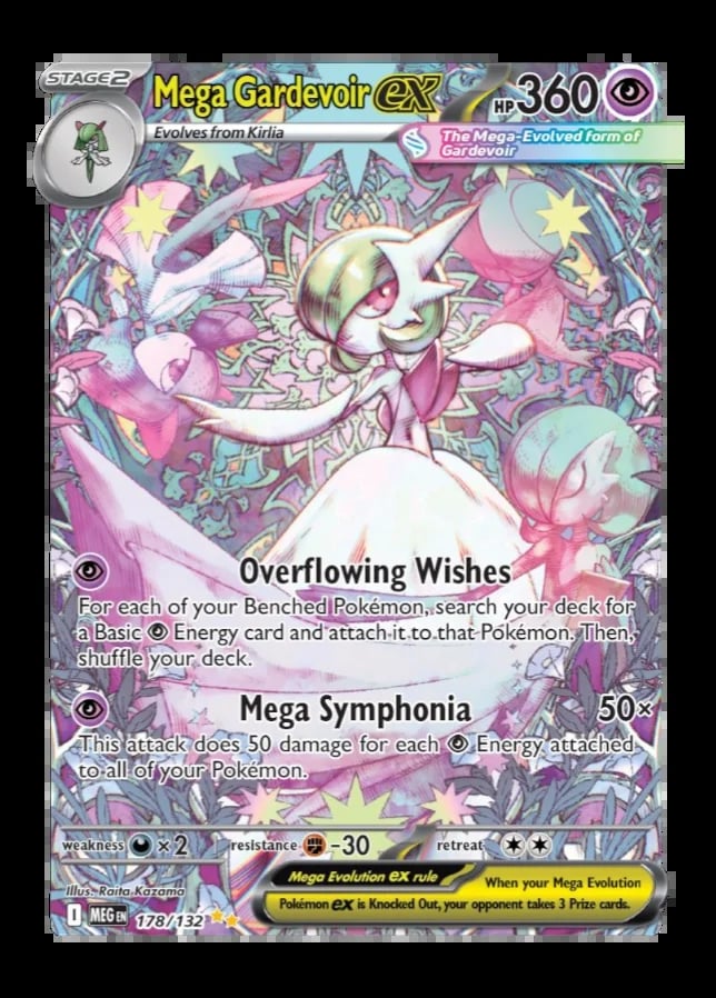 Mega Gardevoir EX Pokemon trading card with 360 HP, featuring pink and purple coloring and two move abilities