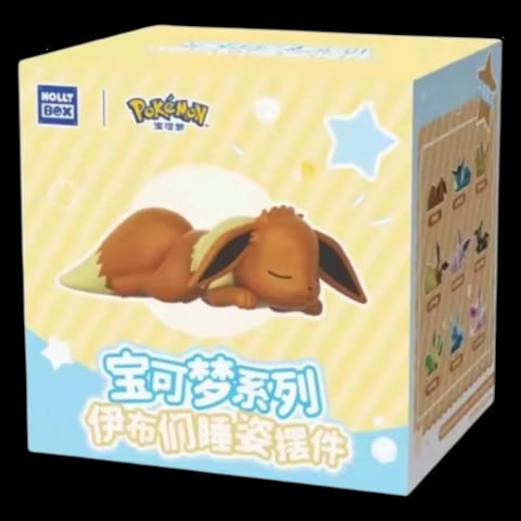 Pokemon collectible box featuring Eevee in a sleepy pose with yellow and blue packaging design and Molly Dolly branding