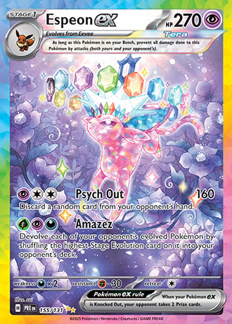 Espeon EX Pokemon card showing a pink psychic-type Pokemon surrounded by purple clouds and glowing crystals