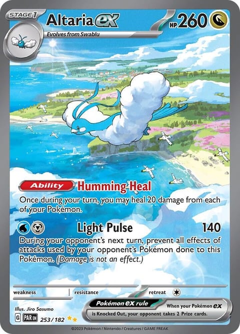 Altaria EX Pokemon card showing a blue dragon-like creature flying over a coastal landscape with two attacks: Humming-Heal and Light Pulse.