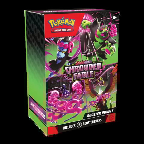 Pokemon Shrouded Fable Booster Bundle box featuring Pecharunt and other Pokemon characters on a black and neon green background