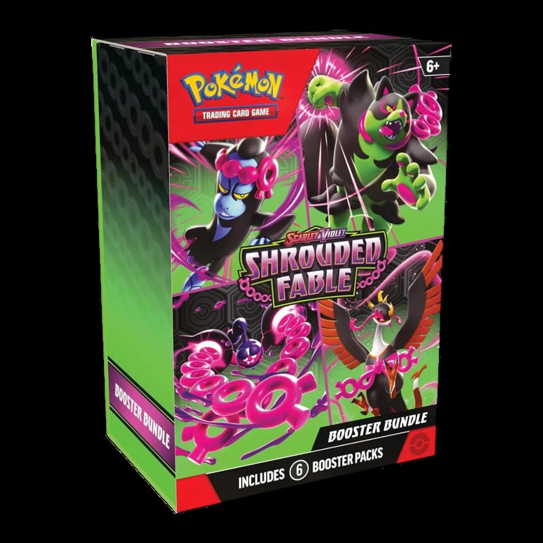 Pokemon Shrouded Fable Booster Bundle box featuring Pecharunt and other Pokemon characters on a black and neon green background