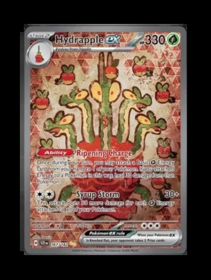 Hydrapple ex Pokemon card showing a cactus-like creature with apples on a beige patterned background, HP 330