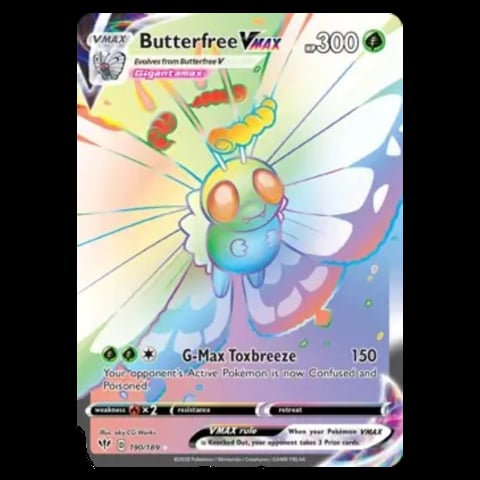 Butterfree VMAX Pokémon card showing a colorful butterfly with radiating energy lines and 300 HP