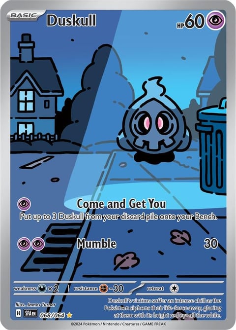 Duskull Pokemon trading card with 60 HP, featuring the ghost-type character in a spooky blue setting with move abilities Come and Get You and Mumble