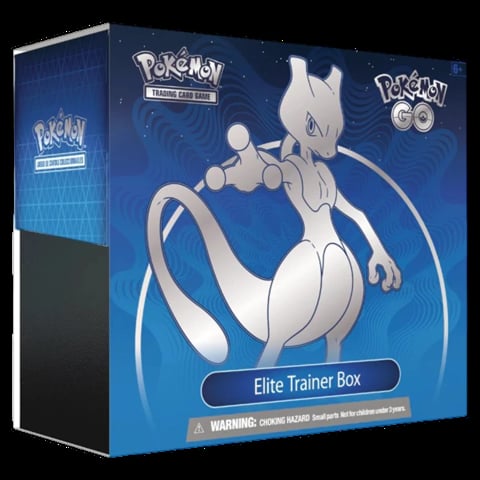 Pokemon GO Trading Card Game Elite Trainer Box featuring white Mewtwo against a blue background