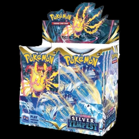 Pokemon Silver Tempest booster box featuring Zapdos and other electric-type Pokemon on blue and gold packaging