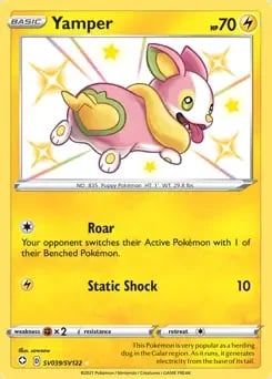 Yamper Pokémon card showing a pink and yellow dog-like creature surrounded by stars on a yellow background