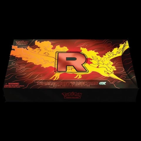 Pokemon trading card box with large red R logo and yellow/orange flames on black background