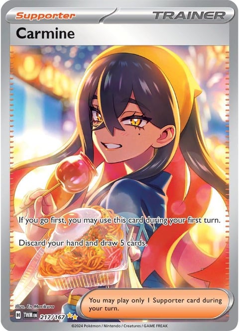 Carmine Supporter Trainer card from Pokemon TCG showing an anime girl with black hair and yellow headband in red and blue outfit