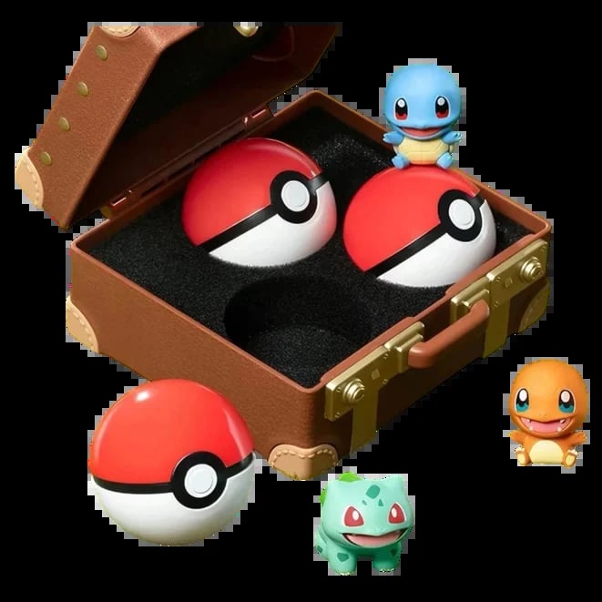 Open brown leather suitcase containing two Pokeballs and Squirtle figurine, surrounded by Charmander, Bulbasaur, and additional Pokeballs