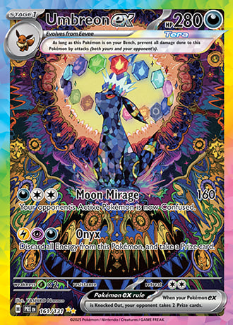 Umbreon EX stage 1 Pokémon trading card showing a dark blue Umbreon with glowing rings against a mystical purple background