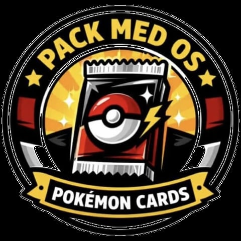 Pack Med OS Pokemon Cards logo with Pokeball and red card pack design in circular gold and black badge