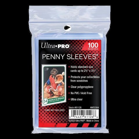 Ultra PRO penny sleeves packaging containing 100 clear protective card sleeves for standard size trading cards