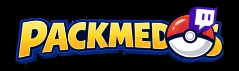 Packmed logo featuring yellow text with a Pokeball design and Twitch icon on a dark background