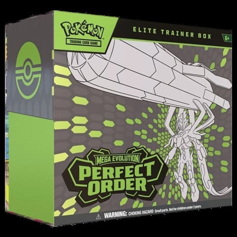 Pokemon Mega Evolution Perfect Order Elite Trainer Box with green and gray packaging and Mega Evolution creature artwork