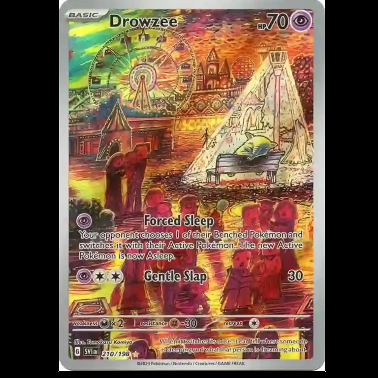 Drowzee Pokémon card with HP 70, showing the creature with forced sleep ability in a mystical desert landscape with ancient structures