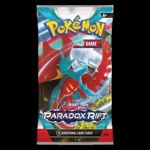 Pokemon Scarlet Violet Paradox Rift booster pack showing red and blue legendary Pokemon with 10 additional game cards