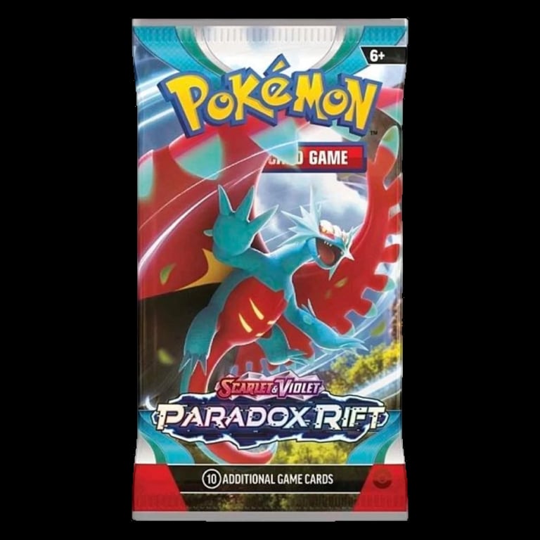 Pokemon Scarlet Violet Paradox Rift booster pack showing red and blue legendary Pokemon with 10 additional game cards