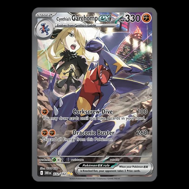 Cynthias Garchomp EX Pokemon trading card with 330 HP, featuring artwork of the blonde trainer Cynthia and her dragon-type Pokemon Garchomp in battle stance against a purple background