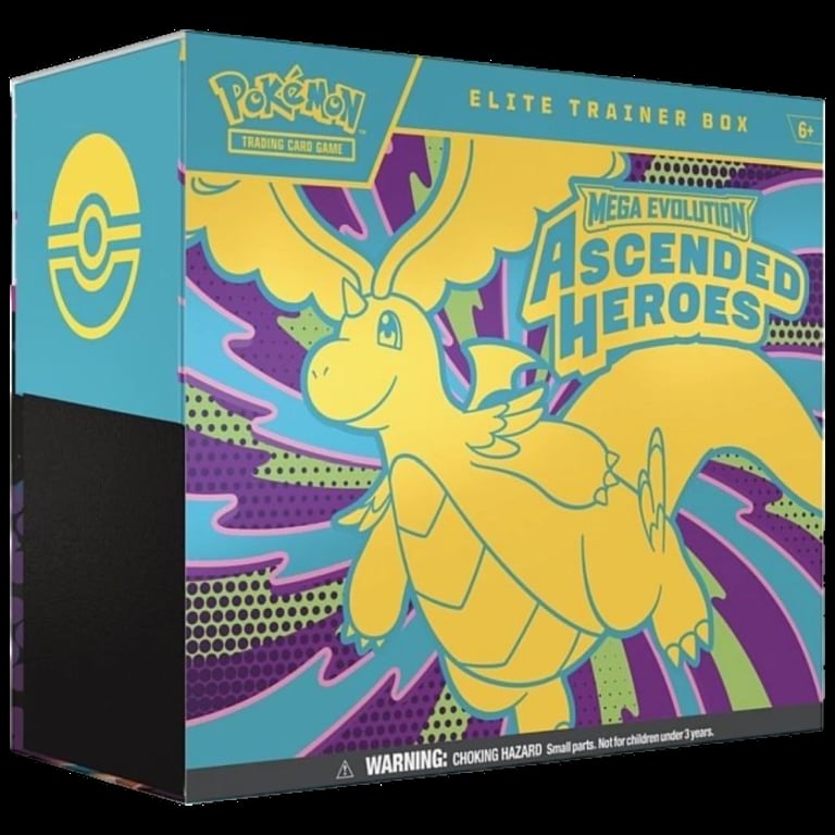 Pokemon Trading Card Game Elite Trainer Box featuring Mega Evolution Ascended Heroes with yellow and purple artwork