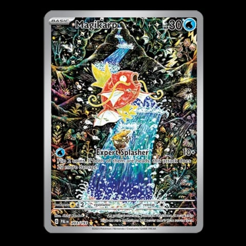 Magikarp Pokemon trading card with holographic artwork showing the fish Pokemon splashing in water among foliage