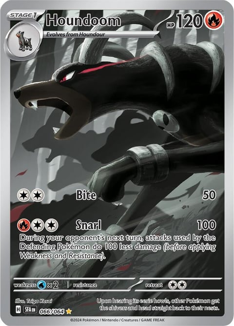 Houndoom Stage 1 Pokemon card with 120 HP, showing a black dog-like creature with red markings and metal armor, displaying Bite and Snarl attack moves