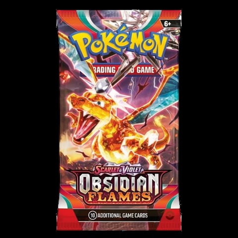 Pokemon Scarlet Violet Obsidian Flames booster pack with fire-type Pokemon artwork and 10 additional game cards