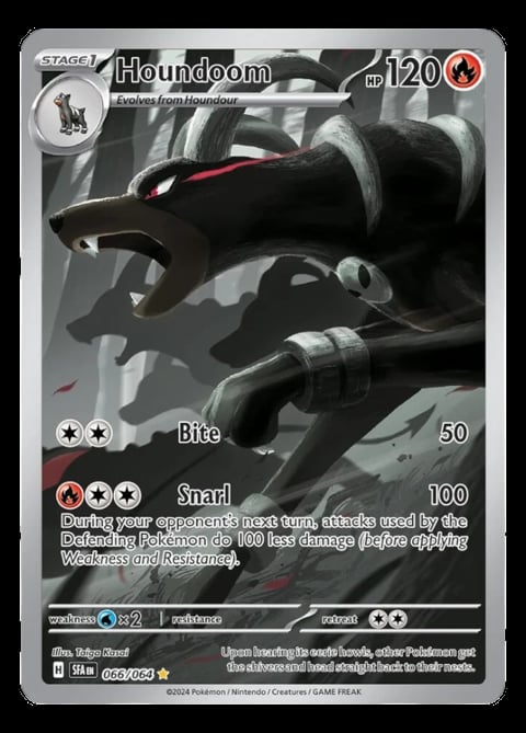 Houndoom Pokémon card showing a black dog-like creature with red markings and HP 120, featuring Bite and Snarl attacks