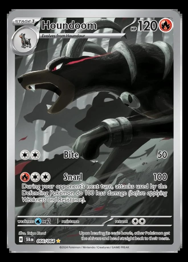 Houndoom Pokemon card showing a black dog-like creature with red markings and HP 120, featuring Bite and Snarl attacks