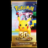 Pokemon 30th Celebration booster pack featuring Pikachu with 5 additional game cards inside