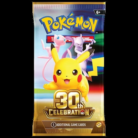 Pokemon 30th Celebration booster pack featuring Pikachu with 5 additional game cards inside