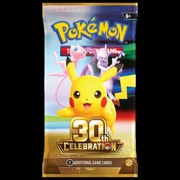 Pokemon 30th Celebration booster pack featuring Pikachu with 5 additional game cards inside