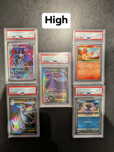 Five graded Pokémon trading cards in PSA slabs arranged symmetrically on a gray surface with High label above