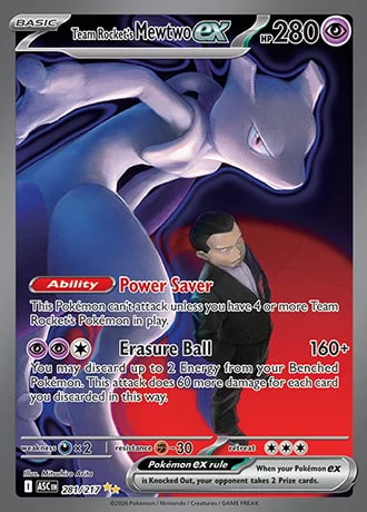 Pokémon trading card featuring Meowstic EX with blue mystical design, showing Power Saver ability and Erasure Ball attack with stats and game details