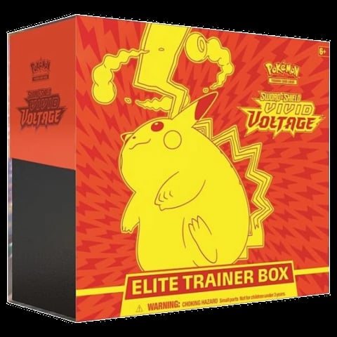 Pokémon Vivid Voltage Elite Trainer Box featuring Pikachu with lightning bolts on red background