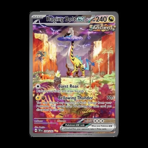 Raging Bolt EX Ancient Pokémon card, 240 HP, featuring yellow dragon-like creature with attack moves Burst Roar and Bellowing Thunder