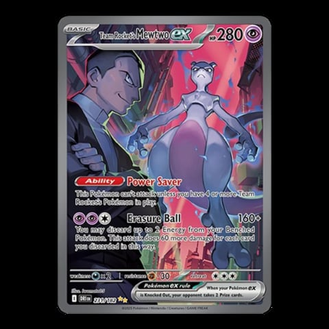 Pokémon trading card featuring Mewtwo EX with Power Saver ability and Erasure Ball attack, HP 280