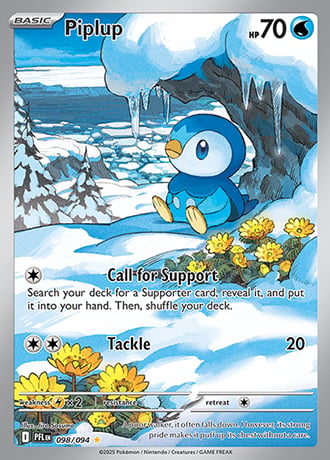 Piplup Pokémon trading card with 70 HP showing the water-type penguin in a snowy landscape with attack moves Call for Support and Tackle.