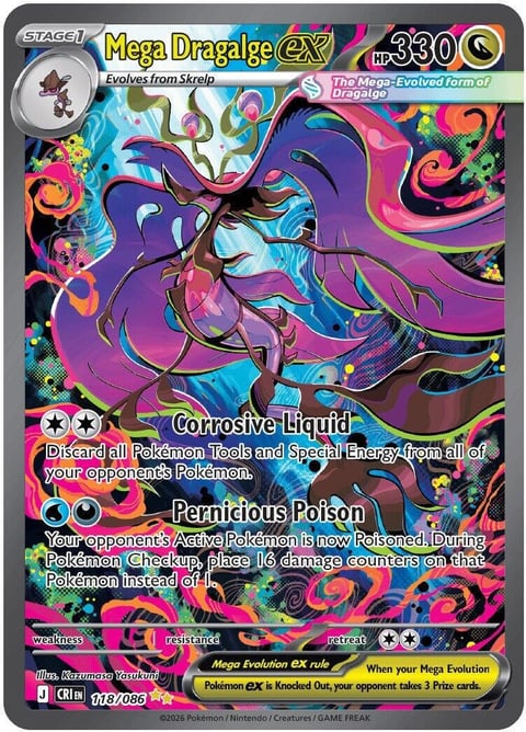 Mega Dragalge EX Pokemon trading card featuring a purple dragon-like creature with attack moves Corrosive Liquid and Pernicious Poison