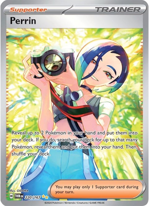 Perrin Trainer card from Pokemon TCG showing a girl holding a camera with glowing yellow background