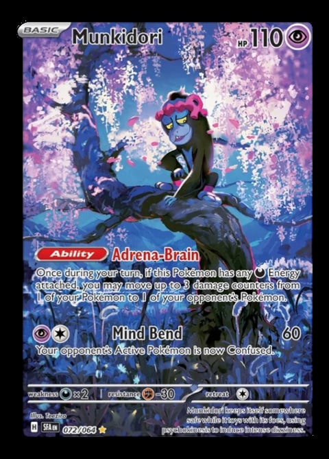 Munkidori Pokémon card with blue and pink appearance, showing 110 HP and psychic energy type abilities against purple floral background