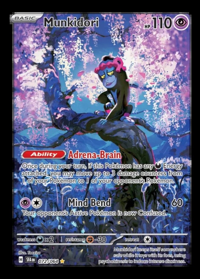 Munkidori Pokemon card with blue and pink appearance, showing 110 HP and psychic energy type abilities against purple floral background