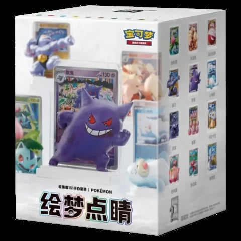 Pokémon collectible figure box featuring Gengar character with trading cards and product display windows