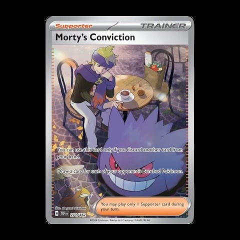 Mortys Conviction Pokémon Trainer card featuring a character in purple clothing with a grinning purple Pokémon