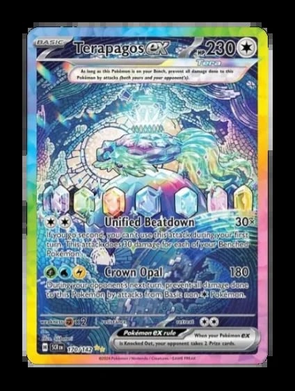 Terapagos GX Pokémon trading card with 230 HP featuring holographic artwork and colorful gradient border