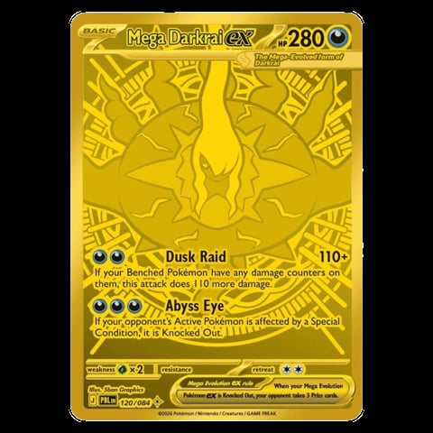 Mega Darkrai EX Pokemon card, gold background, showing HP 280 and two attacks: Dusk Raid and Abyss Eye