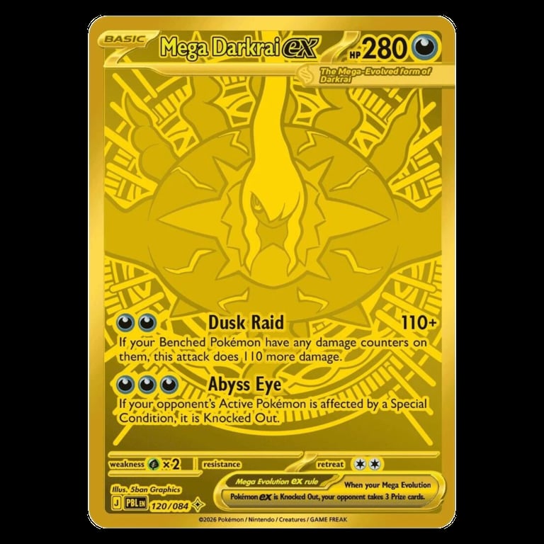 Mega Darkrai EX gold Pokemon card, showing HP 280 and two attacks: Dusk Raid and Abyss Eye