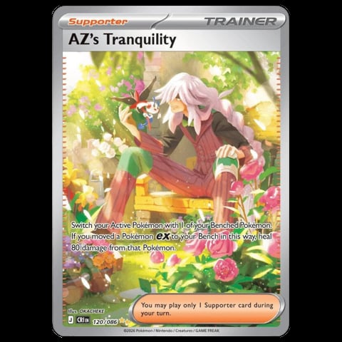 Pokemon trainer card AZs Tranquility showing a character with pink hair in a garden with colorful flowers