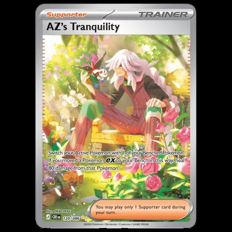 Pokemon trainer card AZs Tranquility showing a character with pink hair in a garden with colorful flowers